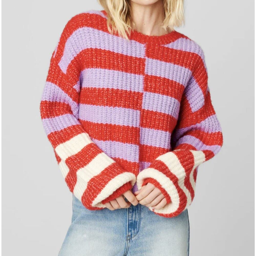 Blank NYC Good Mood Sweater XL Red Purple White Striped Crop Oversized Wool NWT